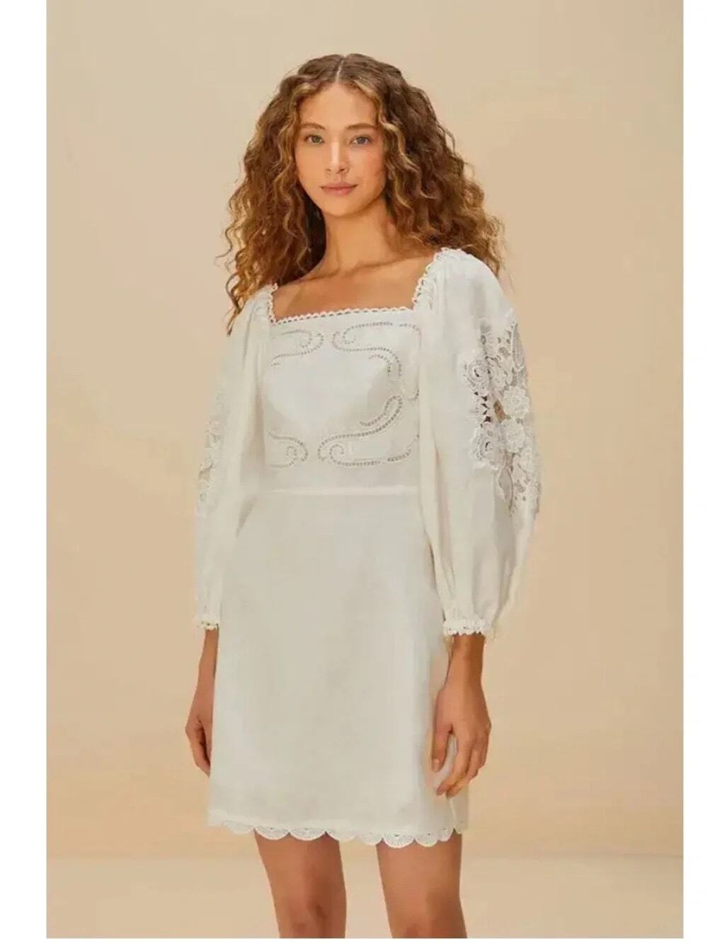Farm Rio White Embroidered Euroflax™ Premium Linen Mini Dress Medium
